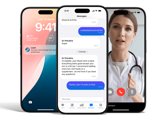 A screen shot of the Luscii app showing integrated video calling and secure messaging  features