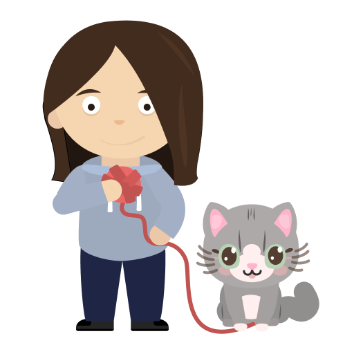 A cartoon version of Nuria playing with her cat